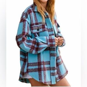 La Miel Jacket Women Small Relaxed Fit Button Blue Burgundy Plaid Travel Shacket